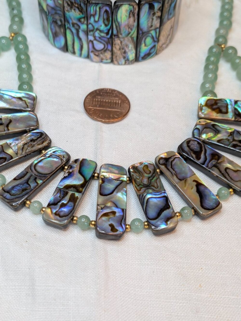 Lee Sands Jade and Abalone Necklace & Bracelet Set – Fringe Bib Style - Picture 7 of 10
